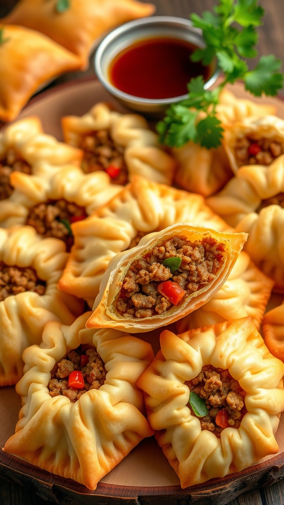 Golden brown Dough King pastries filled with meat and vegetables on a rustic wooden board, served with a dipping sauce.